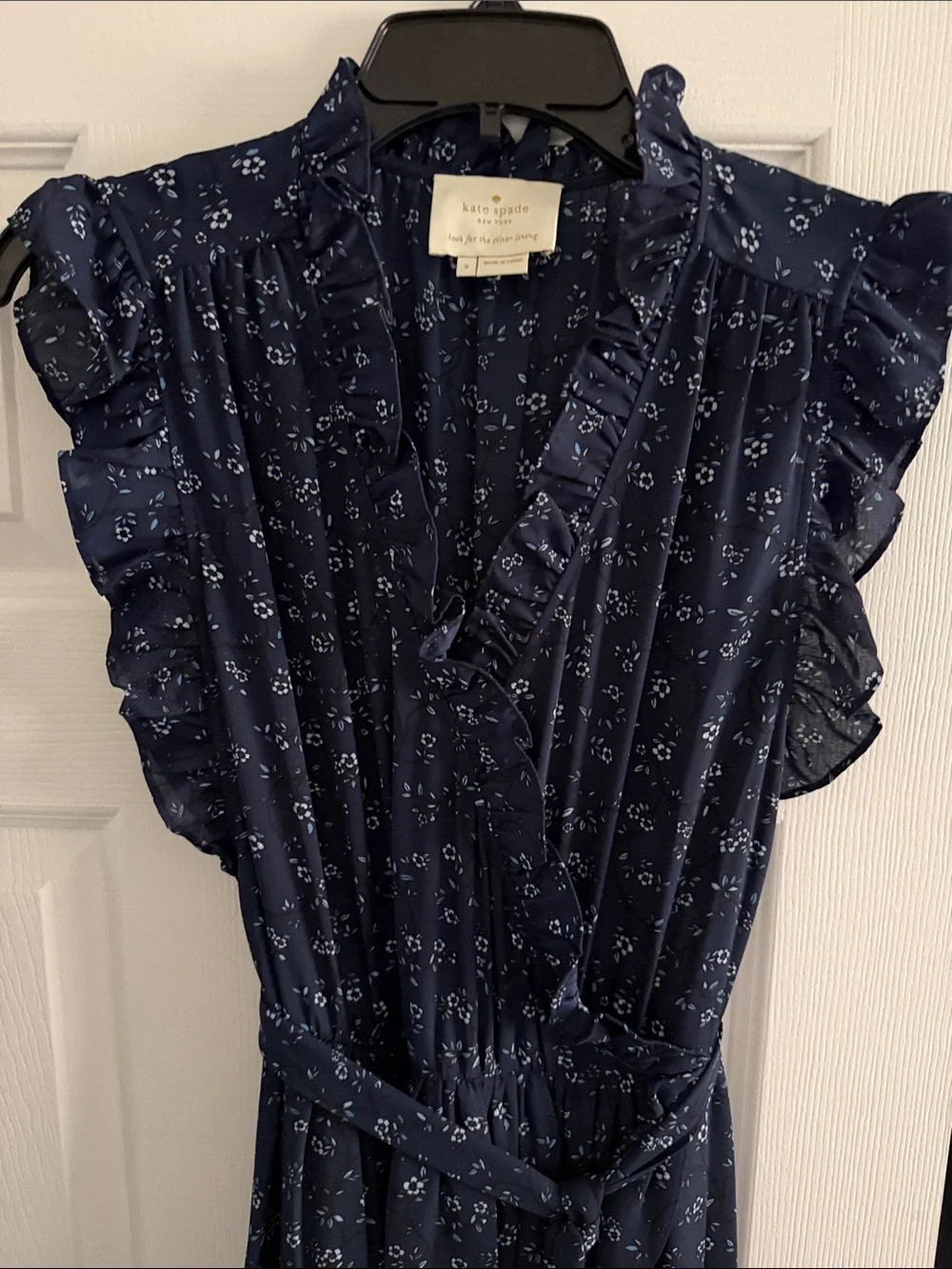 kate spade navy floral ruffle wrap dress with tie waist